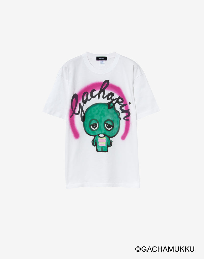 guernika×ガチャピン・ムック】GACHAPIN Thumb Doll Spray T-Shirt