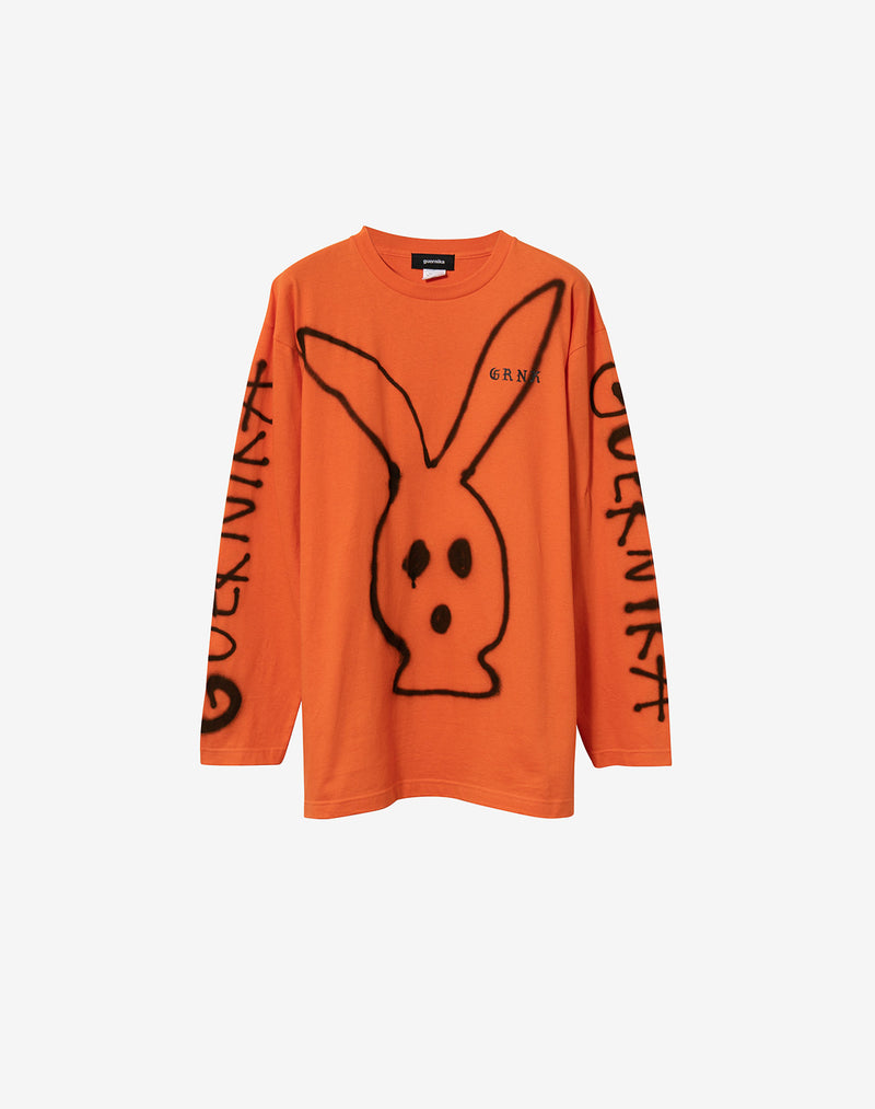 Hand Painted LS T-shirt / Rabbit Mask / Orange